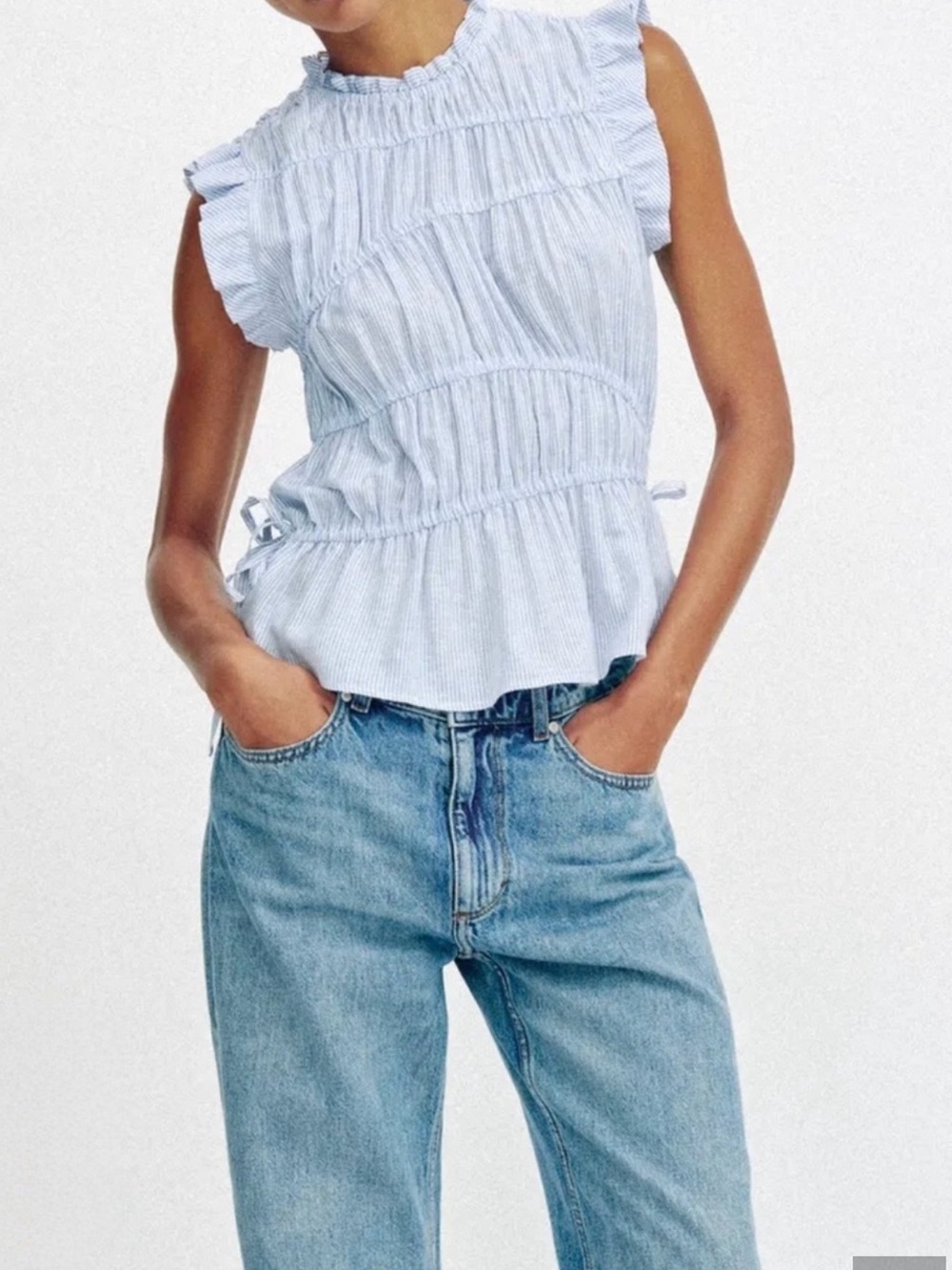 Zara Light Blue Striped Ruffle Sleeve Peplum Top